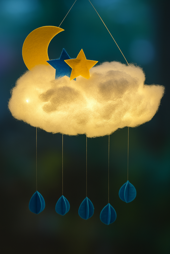 雲朵燈DIY親子手作作品，附星星與月亮裝飾，適合兒童參加的假日親子課程